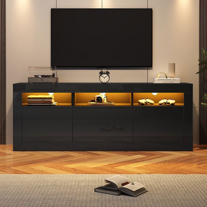 Meuble TV Armoire TV haute brillance avec éclairage LED 3 compartiments ouverts 2 portes 2 tiroirs pour TV 70 pouces Noir