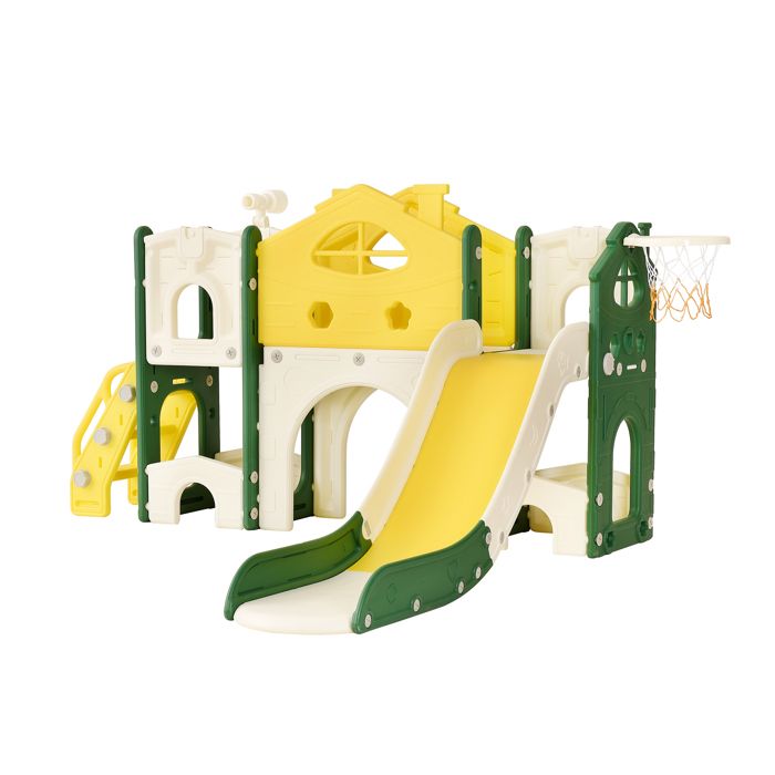 Portique Enfant Toboggan, Echelle, Rangementet Balançoire Avec Panier De Basket Ball Aire De Jeux 5 En 1 Usage Interieur Exterieur Bleu
