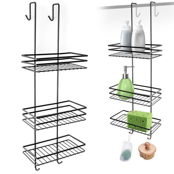 VILDE Étagère de douche suspendue 3 niveaux - Métal noir - installation facile - idéale pour cosmétiques et accessoires