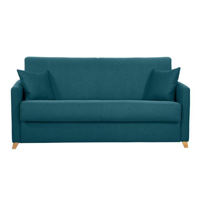 Miliboo - Canapé convertible 3 places en tissu bleu canard et bois clair avec matelas 18 cm SKANDY Miliboo - Canapé convertible 3 places en tissu bleu canard et bois clair avec matelas 18 cm SKANDY