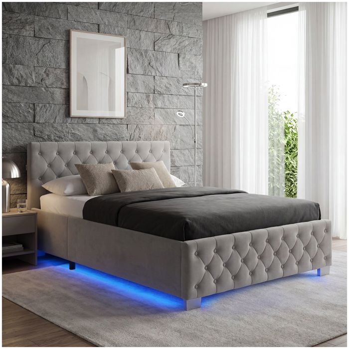 Lit - TECTAKE - Lit coffre VENICE en bois à laspect velours capitonné avec bandes LED sommier inclus 140 x 200 cm - Gris foncé