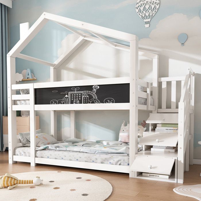 Lit superposé 90 x 200 cm avec cheminée et rangement et protection anti-chute Lit enfant Lit 2 personnes Tableau inclus Blanc