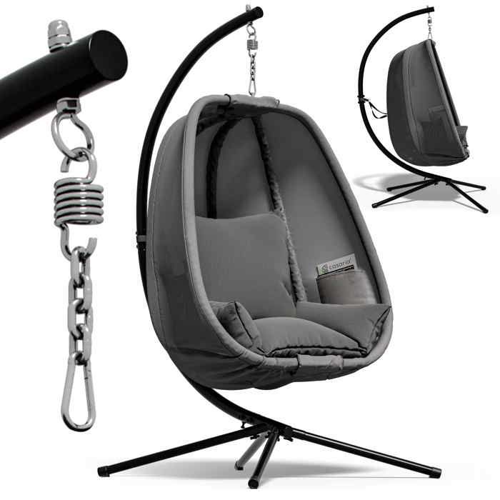 CASARIA® Fauteuil suspendu gris avec coussin structure robuste max. 150 kg intérieur extérieur poches latérales fauteuil œuf CASARIA® Fauteuil suspendu gris avec coussin structure robuste max. 150 kg intérieur extérieur poches latérales fauteuil œuf