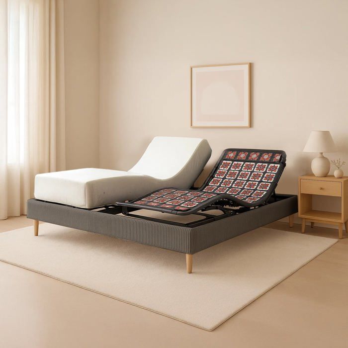 Ensemble lit électrique 160x200 gris – Sommier relaxation à plots + contour velours côtelé + matelas