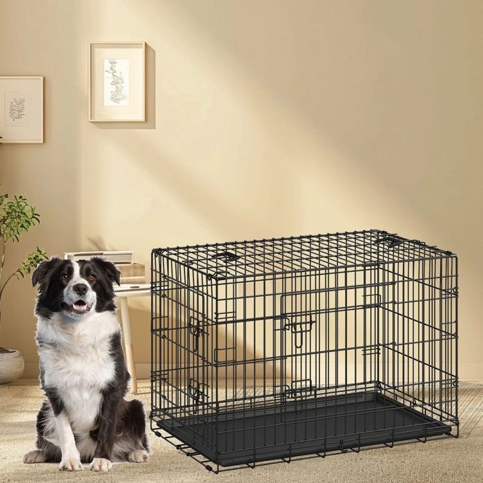 Meilleurs prix pour Cage pour chien XXL - Pliable - 2 portes - Plateau amovible - 122x745x805 cm - Noir