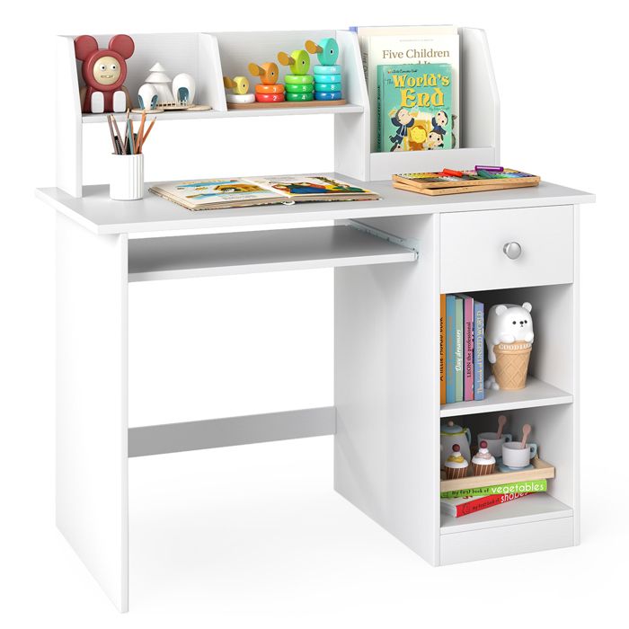 Bureau D'ordinateur Avec Prises Intégrées – Étagères De Rangement, Passe-câbles | Table De Travail Pour Chambre, Bureau à Domicile (108x60x125 Cm)