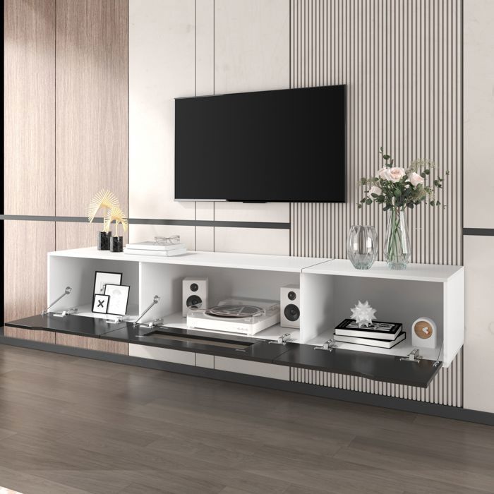 Meuble TV 180×35×30 cm en panneaux de particules blanc laqué – avec éclairage LED et portes rainurées