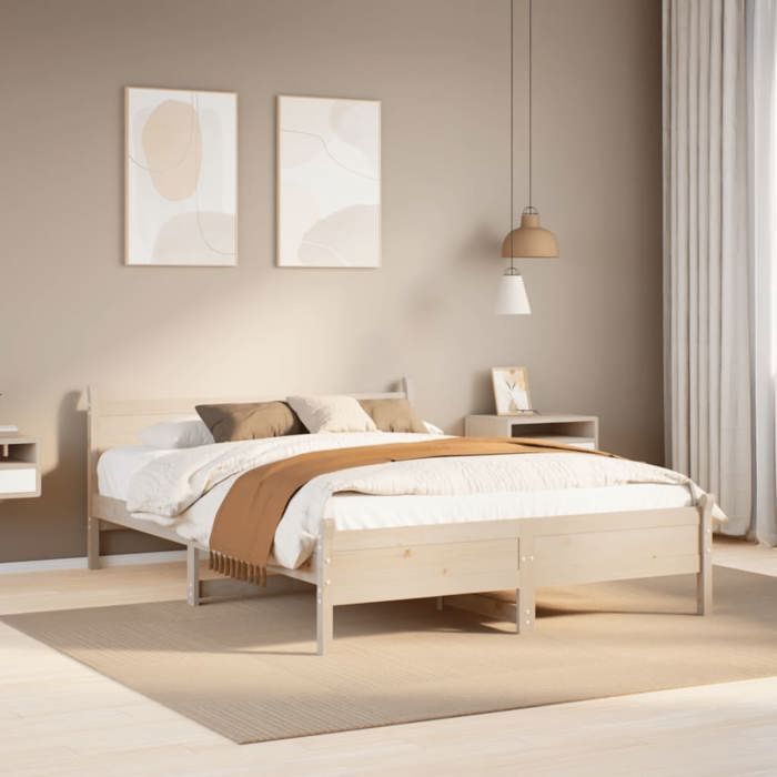 Structure de lit en bois de pin - UU - 140x190 cm - Bois de pin massif - Sommier à lattes - Espace de rangement