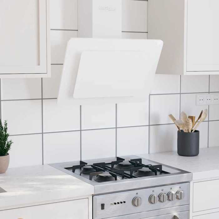 Hotte murale en inox et verre trempé - Happiness - 60 cm - Blanc - 297 m³/h - 3 vitesses - 2 lampes LED