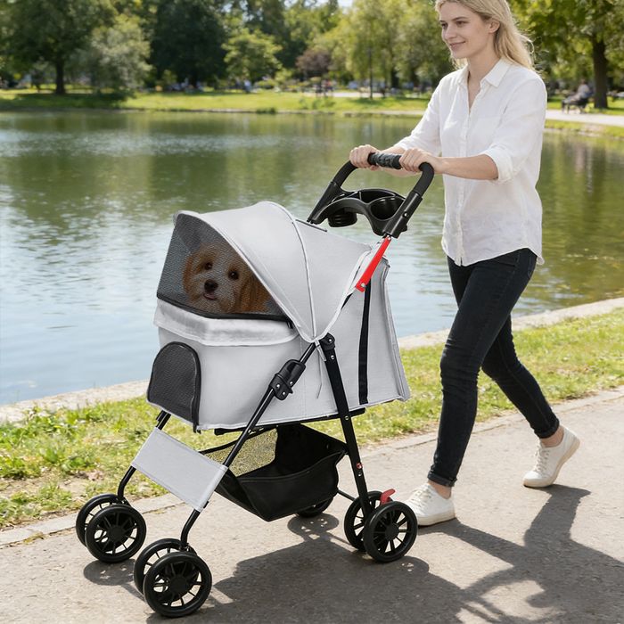 SUPFINE Poussette pour Animaux - Poussette Chien Chat Pliante - avec Fenêtre en Maille Porte-Gobelet - 34 × 61 × 99 cm - Gris