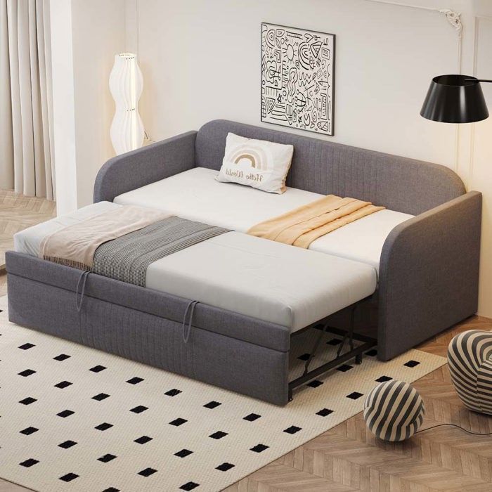Canapé-lit convertible - 90/180×190 cm - Tissu lin gris foncé - Sommier à lattes - Structure métal