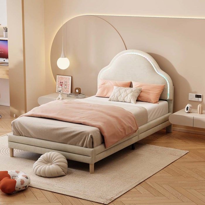 Lit enfant - Lit rembourré nuage - 90 x 200 cm - Velours beige - LED multicolore intégrée