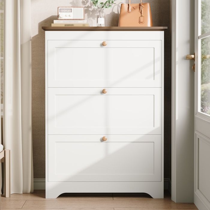 Armoire à Chaussures Basculant Blanc - 3 Abattants - avec Plateau Bois - Meuble Entrée 87 x 26 x 120 cm Armoire à Chaussures Basculant Blanc - 3 Abattants - avec Plateau Bois - Meuble Entrée 87 x 26 x 120 cm