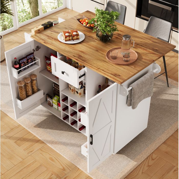 Desserte de cuisine avec table pliante. buffet avec 1 tiroir et 2 portes. porte-bouteilles. MDF. blanc