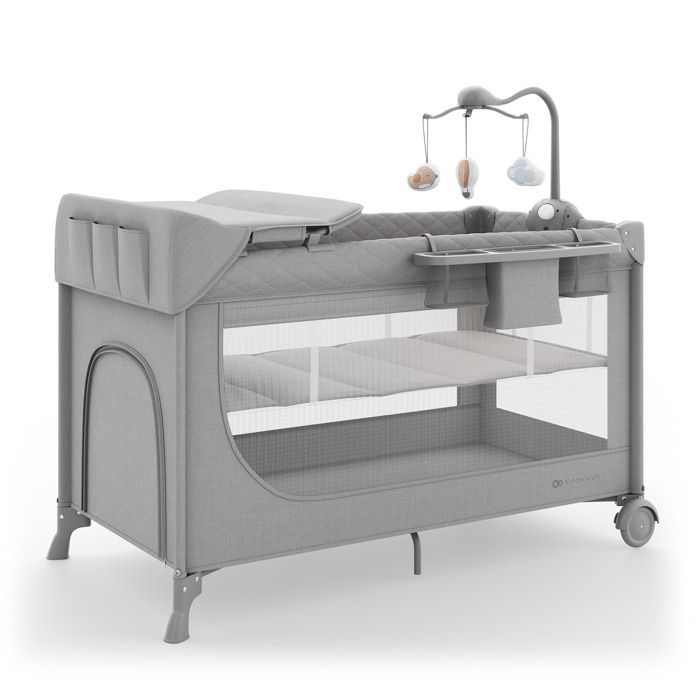 Lit parapluie Kinderkraft LEODY UP avec accessoires 2 niveaux roulettes maille aérée table à langer gris