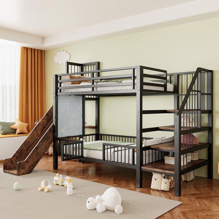 Lit superposé métal 90x200 cm avec toboggan escalier rangement barrière sécurité étagères intégrées chambre enfant noir Lit superposé métal 90x200 cm avec toboggan escalier rangement barrière sécurité étagères intégrées chambre enfant noir