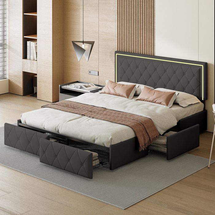 Lit double 140x200 cm avec rangement - Tête capitonnée - LED intégrée - 4 tiroirs coulissants - Cadre métal et lattes - Gris