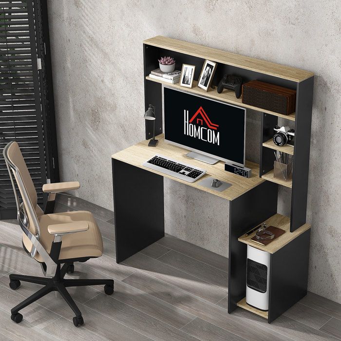 Bureau informatique avec étagères 114 x 45 x 138 cm gris et naturel support moniteur et CPU