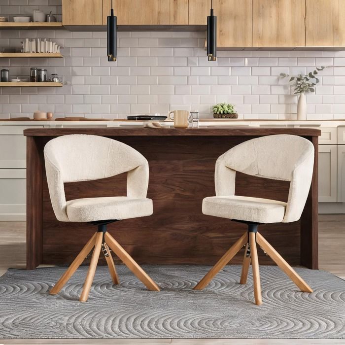Fauteuils pivotants rétro en tissu texturé blanc crème et bois massif rotation 360° silencieuse pour salle à manger et salon