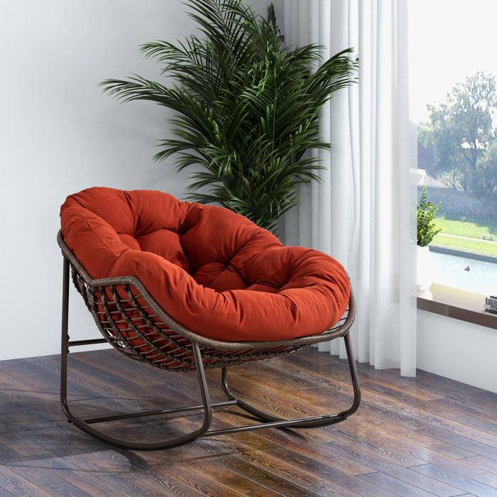 Modenuit fauteuil à bascule de jardin 106 x 90 x 78 cm en rotin synthétique tissé acier coussin orange