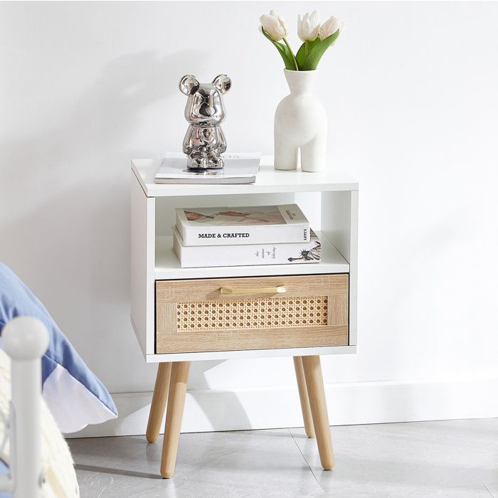 Table de chevet moderne – blanc et naturel – tiroir en rotin – MDF – 55 x 40 x 30 cm