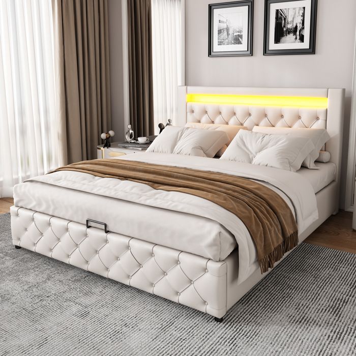 WOVREO Lit coffre rembourré 140 x 190 cm avec sommier à lattes ouverture hydraulique LED PU blanc