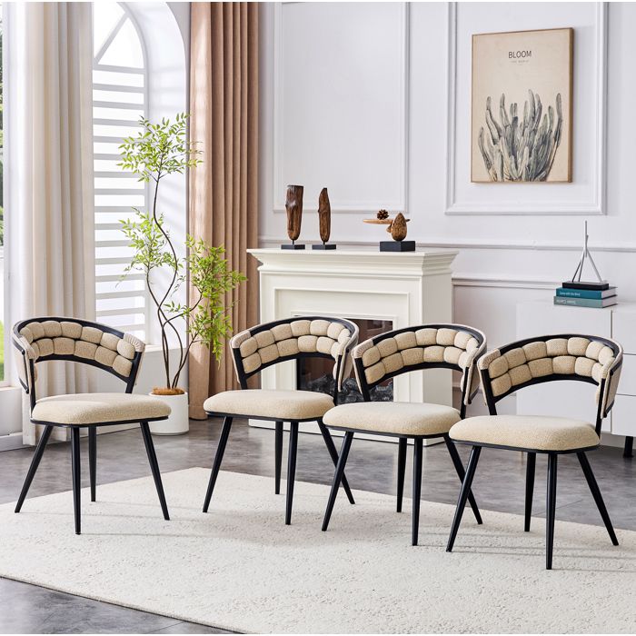 Lot de 4 Chaises de Salle à Manger en Velours Beige - ELVMI - Pieds Métal Noir Dossier Capitonné Sans Accoudoirs
