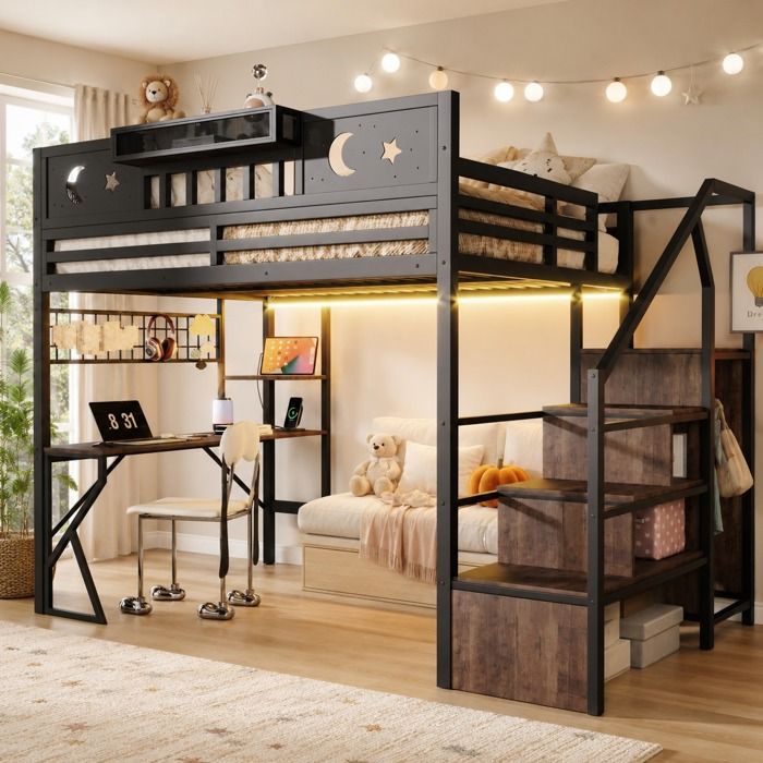 Lit Mezzanine 140x200 cm en Métal avec Bureau Étagères et Echelles Lit superposé pour Enfants et Adultes style Industriel - Noir