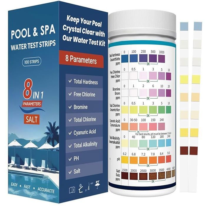 Bandelettes Piscine 8-en-1 pour Piscine et Spa 100 Tests Sel