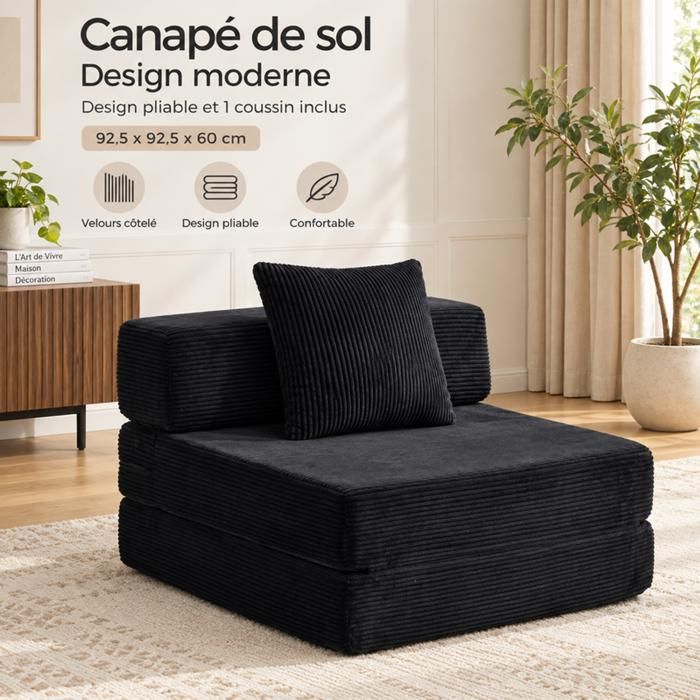 Canapé convertible - SOGEU - banquette lit - Velours côtelé - 925x925x60 cm - Noir