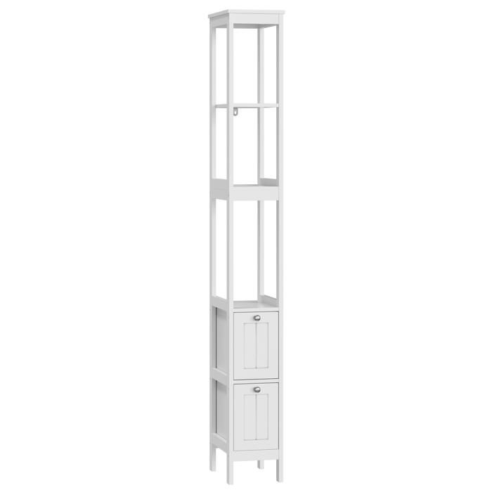 Colonne de salle de bain etroite - meuble de rangement blanc avec 2 tiroirs et 3 etageres - 30 x 20 x 161 cm