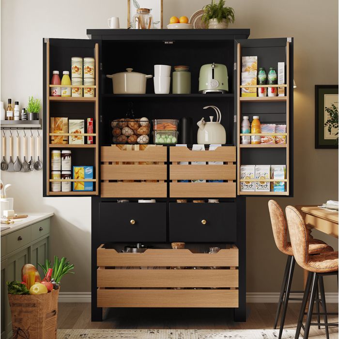 Buffet de cuisine haut AESVAR 80 x 40 x 140 cm 2 portes et 5 tiroirs MDF et métal noir