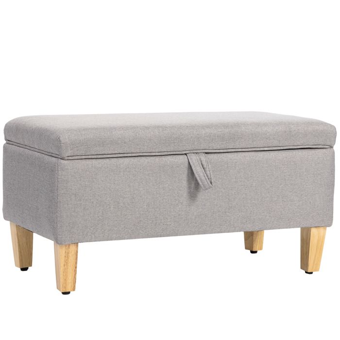 LIA Banc de rangement bout de lit repose-pieds rembourré en lin avec pieds en bois de caoutchouc 71x37x36cm gris clair