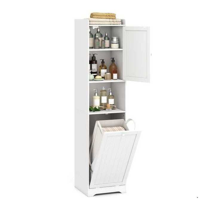 Gain de place armoire colonne salle de bain panier à linge 48 L étagère réglable meuble buanderie