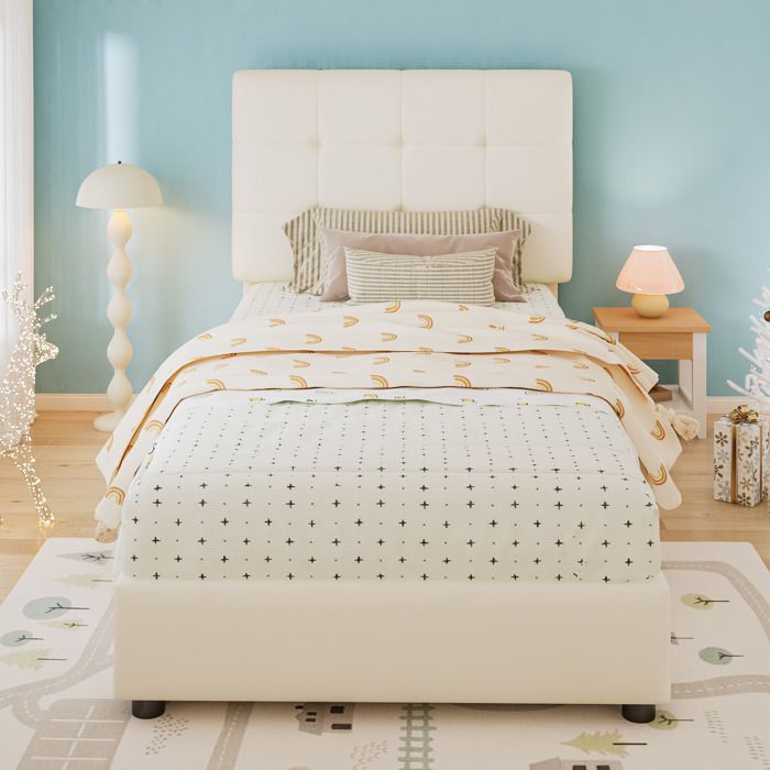 Lit enfant 1 place AESVAR 90 x 200 cm beige tête de lit forme biscuit sommier à lattes inclus
