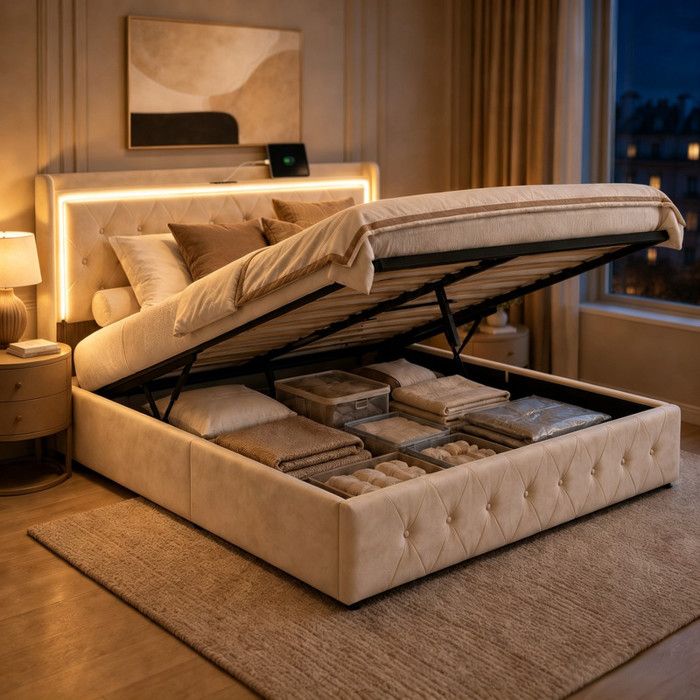 Lit Double Capitonné 140x200 cm Lit Coffre Adulte avec LED et USB Cadre de Lit Rembourré avec Sommier Velours Beige