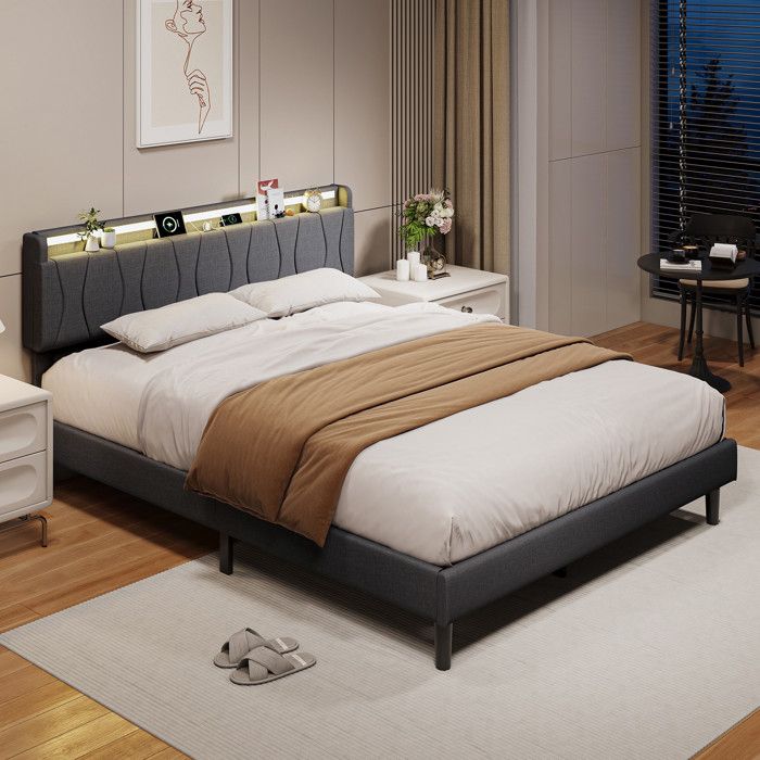 Lit 160x200cm - Lit double 160x200cm - rembourré tissu lin avec usb tête éclairage led et prise de charge de lit étagère - Gris Lit 160x200cm - Lit double 160x200cm - rembourré tissu lin avec usb tête éclairage led et prise de charge de lit étagère - Gris