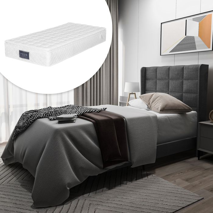 VIVA Lit simple 90x200 en lin gris tete de lit rembourree sommier a lattes et matelas a ressorts ensaches inclus VIVA Lit simple 90x200 en lin gris tete de lit rembourree sommier a lattes et matelas a ressorts ensaches inclus