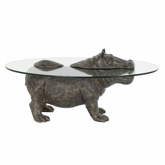 table d'appoint verre transparent cuivre résine colonial hippopotame (80 x 50 x 37 cm)