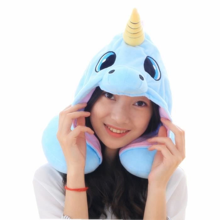 Voyage Oreiller Cervical Cute Licorne Ombrage Hoodie U Coussin Douillet Pour Garcon Et Fille Bleu