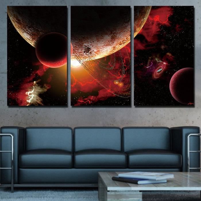 3 Panneaux Toile Imprimer Peinture Abstraite Planetes Rouges Etoiles Espace Photos Pour Salon Sans Cadre Sans Etirement Cdiscount Maison