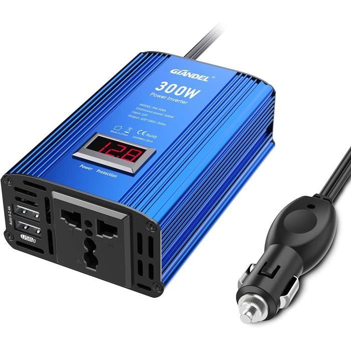 Convertisseur 12V Vers 220V 300W ABSINA - Onde Sinusoïdale Modifiée, Prise Allume-cigare Et USB, Sécurisé