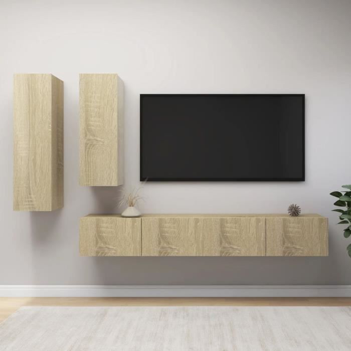 802|design 2022® meuble télévision scandinave décor - new ensemble de meuble tv 4 pcs chêne sonoma aggloméré banc tv de salon