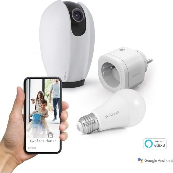 Kit Start connect Avidsen Home (caméra + prise + ampoule connectée) - Prise connectée + caméra connectée motorisée + ampoule