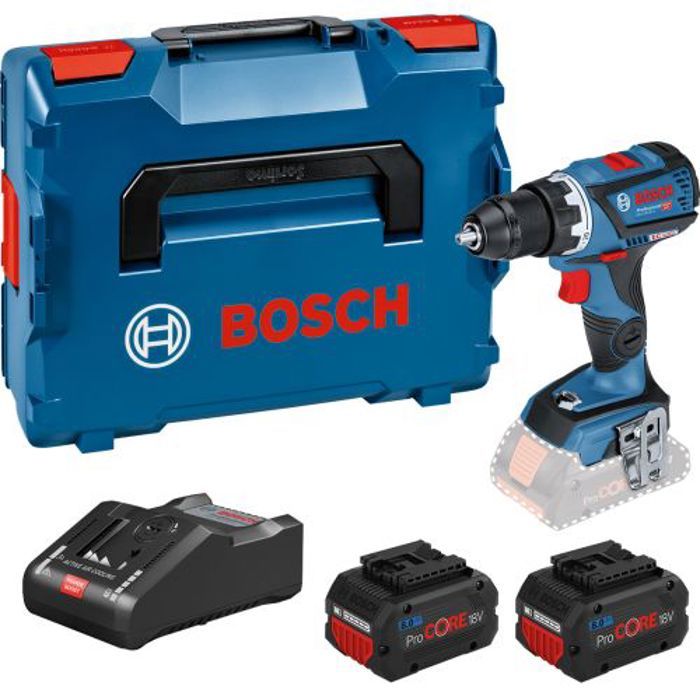 Perceuse-visseuse a percussion Bosch Professional GSB 18V-110 C + 2  batteries ProCORE18V 4,0Ah + chargeur + L-Boxx -06019G030C pas cher 