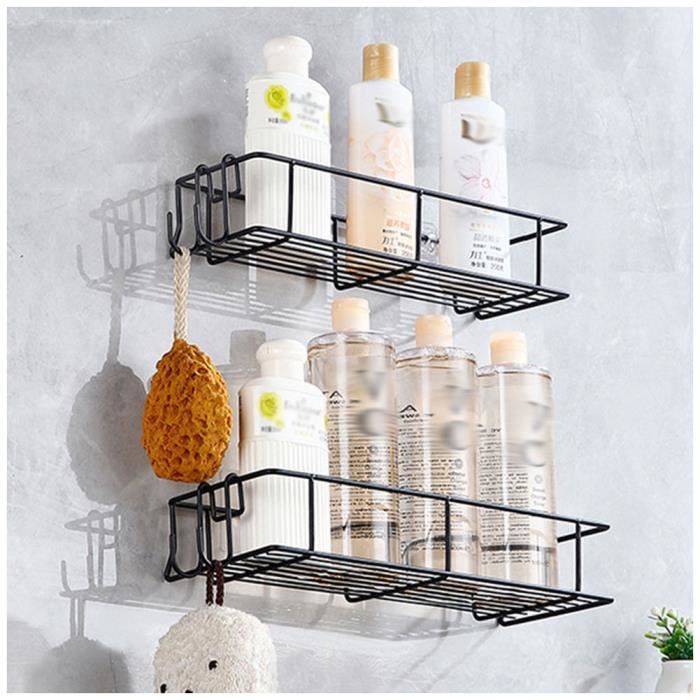 2 Étagères Salle De Bain Sans Percage MUUKAIII - Noir, Inox, 30cm, 4 Crochets, Porte-Gel Douche
