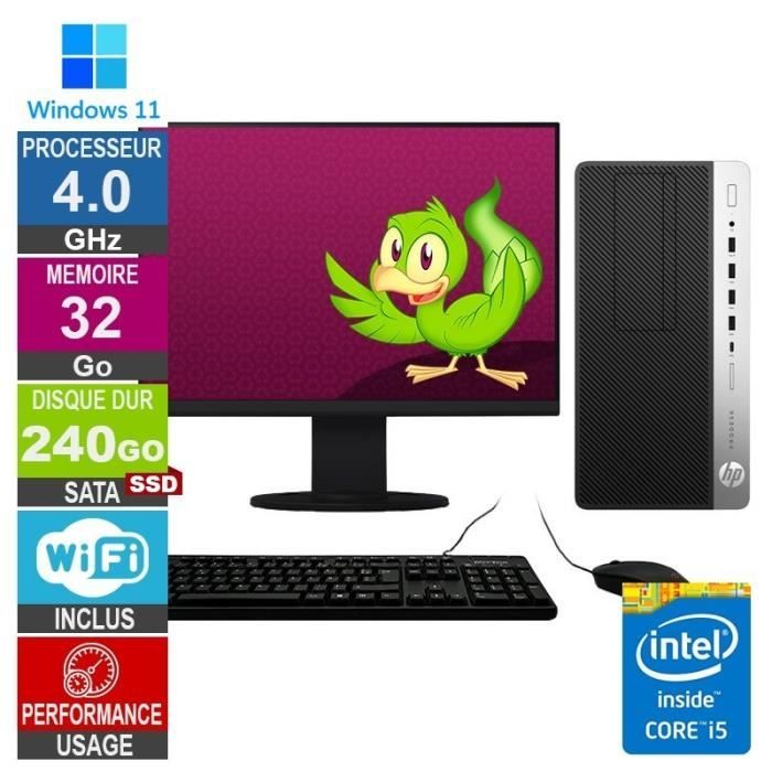 HP 600 G4 MT i5-8400 4GHz 32Go/240Go SSD Wifi W11 + Ecran 19 HP 600 G4 MT i5-8400 4GHz 32Go/240Go SSD Wifi W11 + Ecran 19
