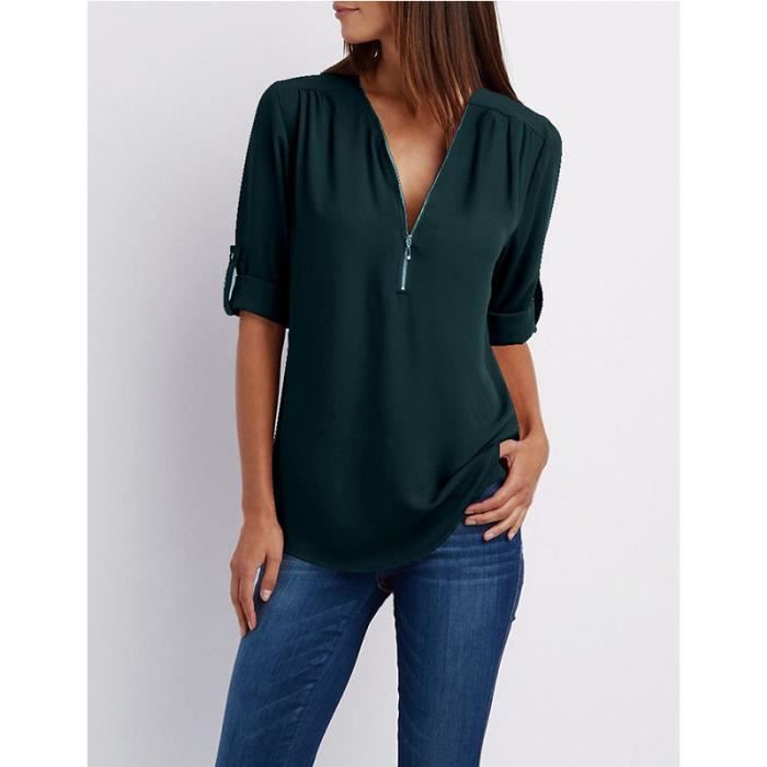 Chemise col v Femme de Marque T shirt demi zip Elegant Chemisier chiffon Femme Manches Longues Vert fonce Vert fonce Cdiscount Pret a Porter