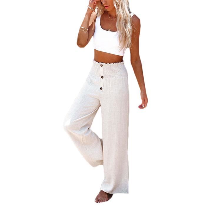 Pantalon Fluide Femme Taille Haute Ete Confortable Elastique Coton Lin Pantalon Leger Sport Ample Pantalon de Travail Blanc Blanc Cdiscount Pret a Porter