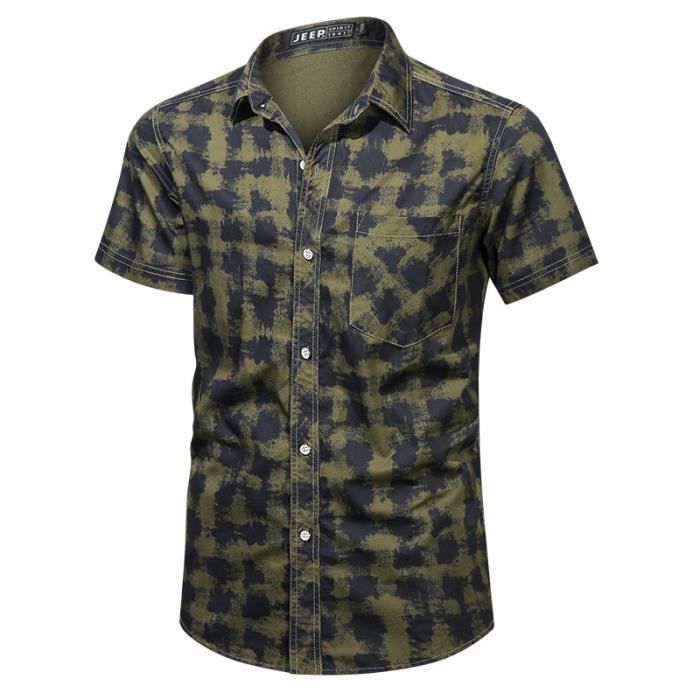 Chemise Homme Camouflage Manches Courtes en Coton Chemisette Ete